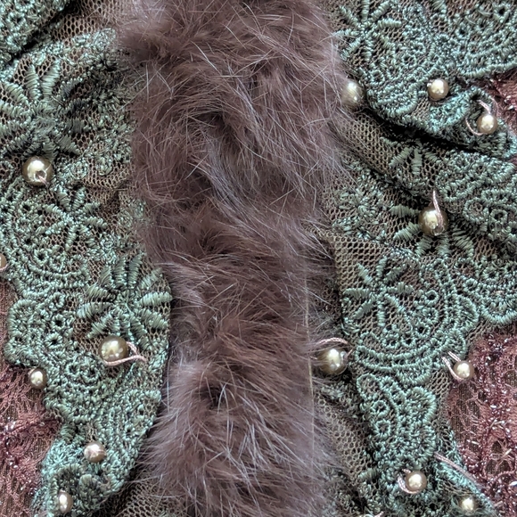 Women's Brown V-Neck Sweater with Beading Faux-Fur & Lace Detailing - Picture 6 of 16